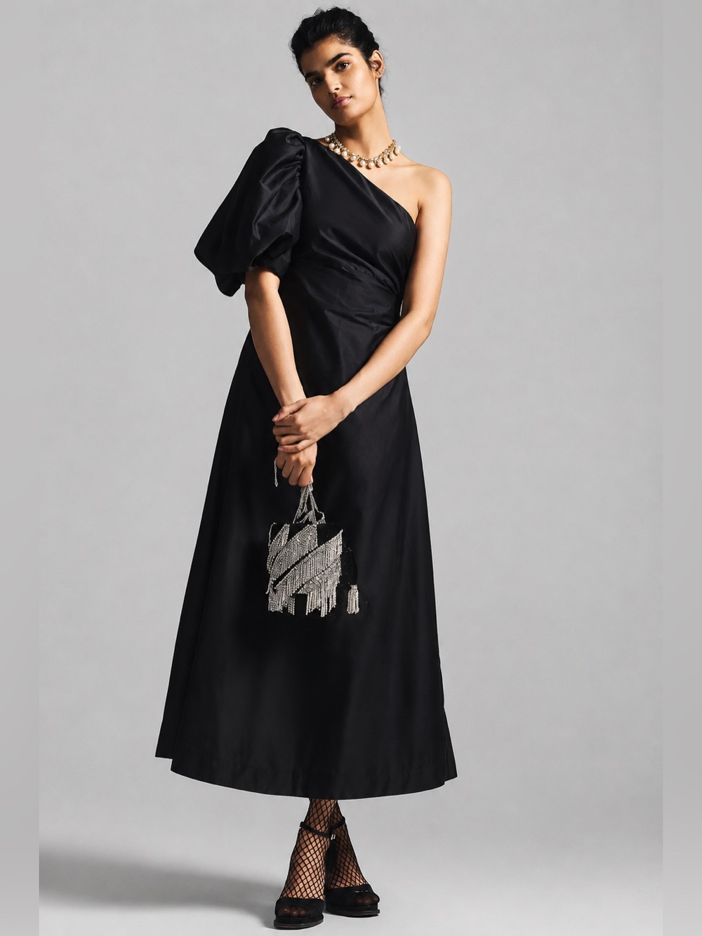 Anthropologie Aureta Studio One-Shoulder Puff-Sleeve Dress